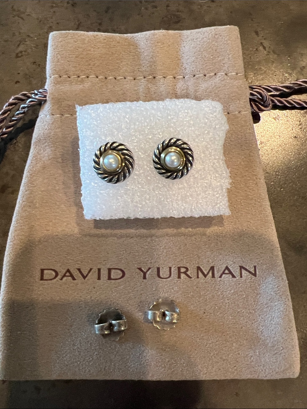 David Yurman earrings.  Sterling, 18k rim and pearl.